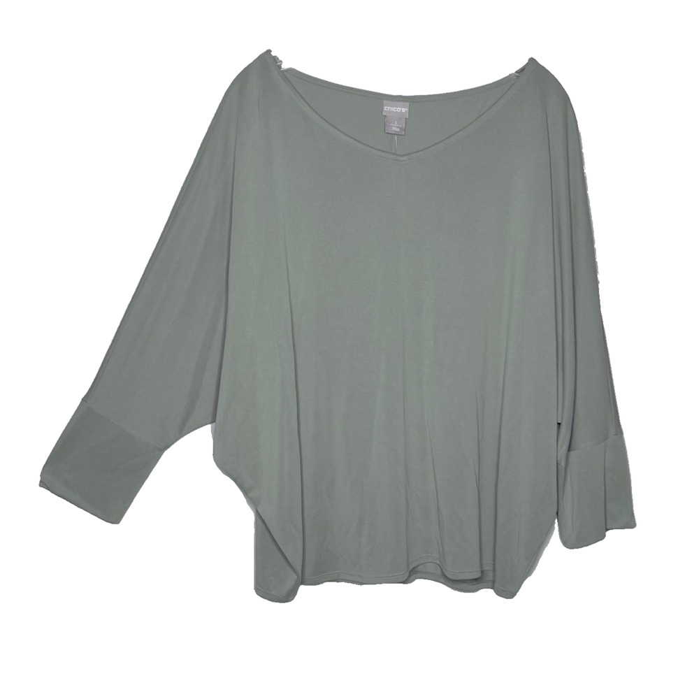 Chicos V-Neck Sandwash Dolman Sleeve Knit Top Tee Women's 3 / XL Green Sage
